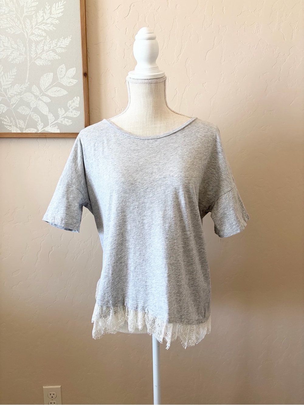J. Crew Heather Gray Short Sleeve Tee with Lace Hem